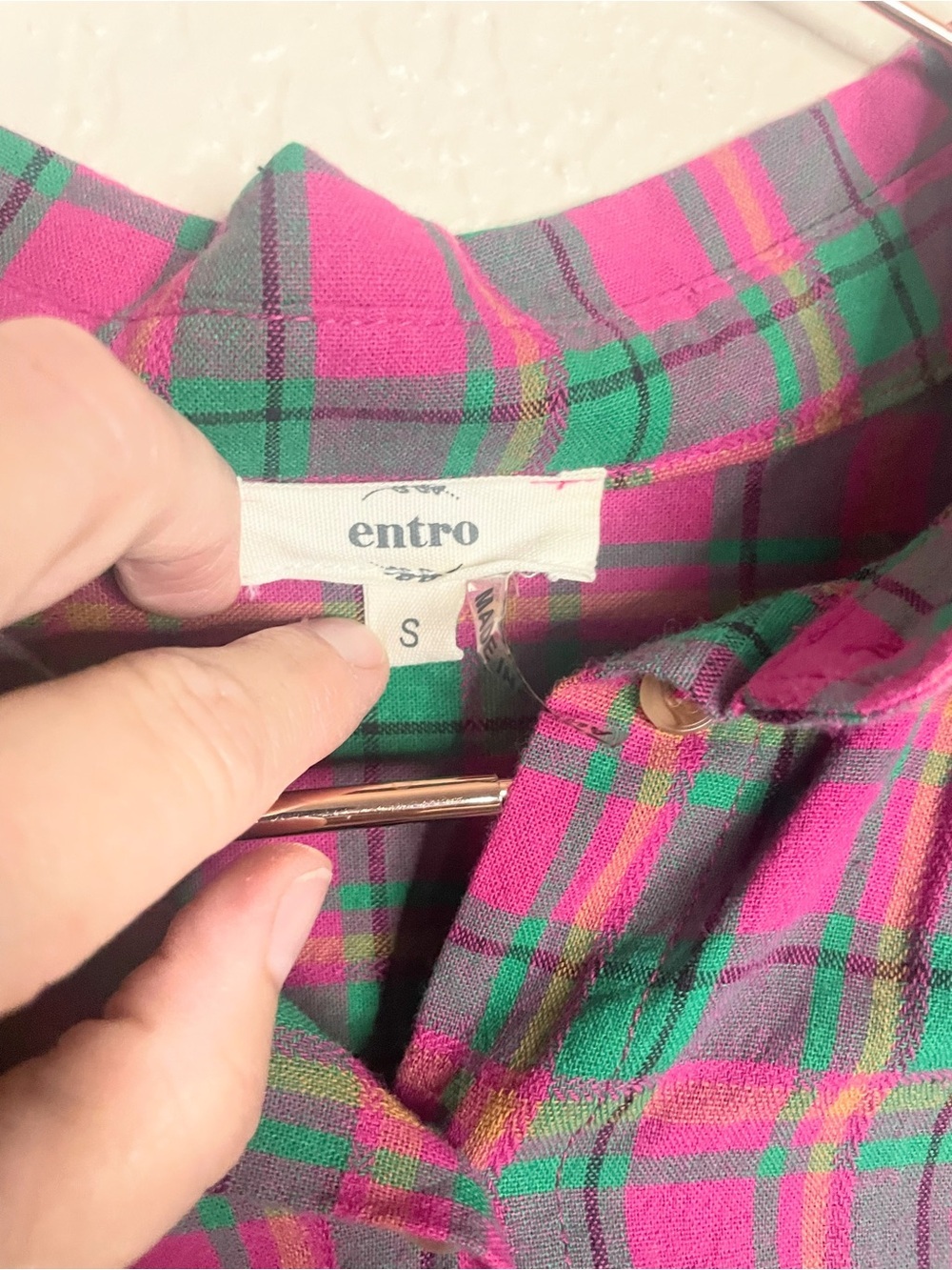 Entro Pink Green Plaid Oversized Pima Cotton Button Up Small - Picture 6 of 12